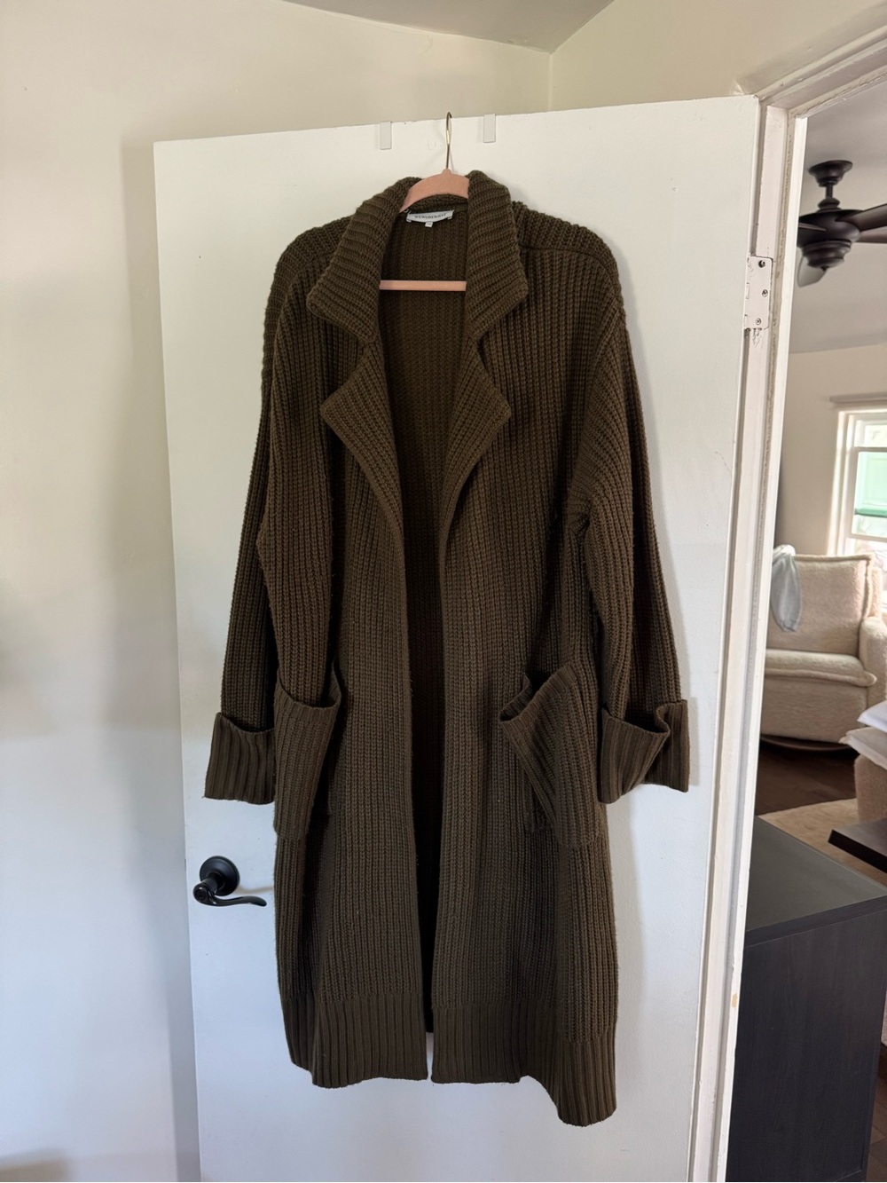 WeWoreWhat Olive Ribbed Long Open-Front Cardigan